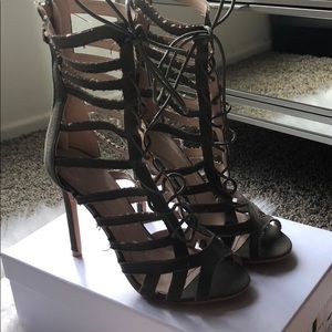 Khaki calf height lace up gladiator sandal